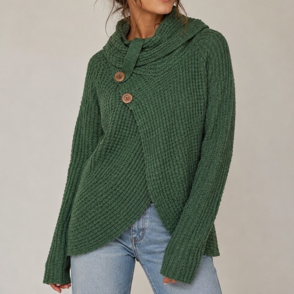 Oliver Green Waffle Knit Asymmetrical Cowl Neck Wrap Button‎ Sweater Small u1